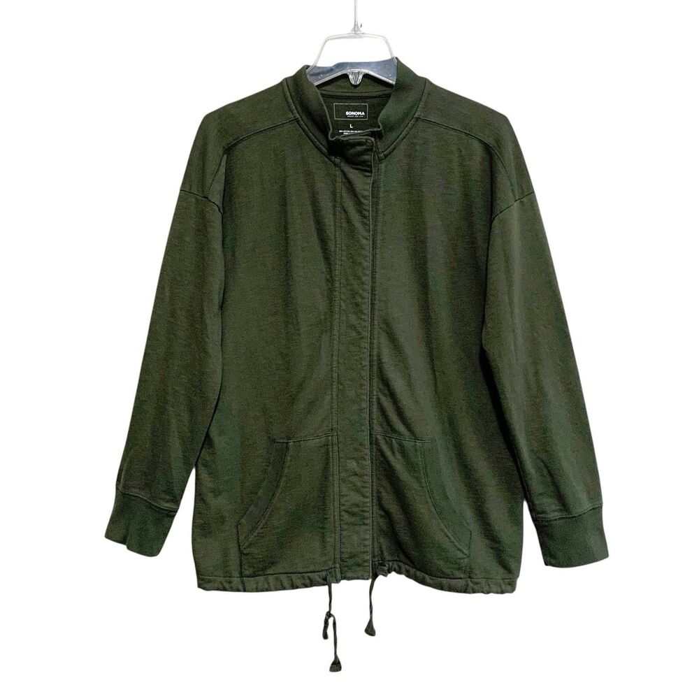 Sonoma Snap-Up Sweatshirt Jacket Womens Sz Large Olive Green Pockets